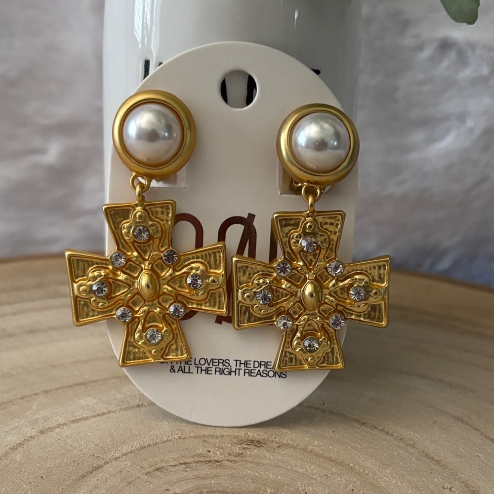 8 Other Reasons Elegant Statement Gold Plated and Pearl Cross Clip On Earrings